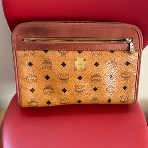 Authentic MCM vintage Cognac Visetos Leather pouch  / cosmetic/ clutch bag